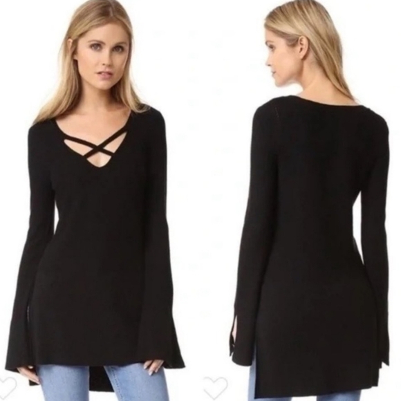 Free People Crisscross Black Tunic Top Long Flare Sleeve Womens Medium - Picture 2 of 15
